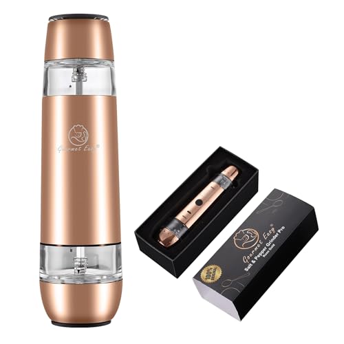 2 in 1 Electric Salt and Pepper Grinder Set, Rechargeable with USB-C, Automatic Battery Operated Salt and Pepper Shakers, Pepper Mill Grinder with Adjustable Coarseness, Rose Gold Gourmet Easy