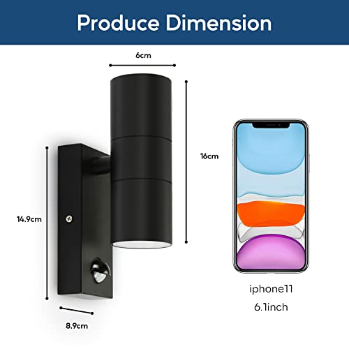 Kerry Outdoor Wall Lights, Up and Down Lamp with Motion Sensor, IP44 Black Stainless Steel Outside Lighting Mains Powered Fixtures, PIR Detector External Wall Sconce for Front Door, Porch, Garden - Image 6