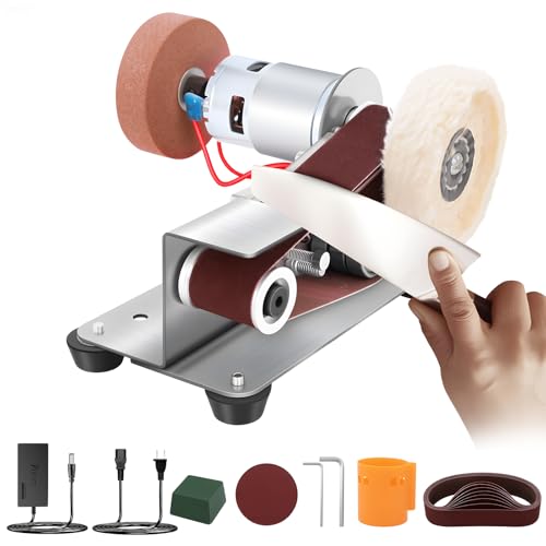 Yofuly Lijadora de Banda Kit, Esmeriladora de Banda con 10pcs Cinta de Lija, Mini Lijadora Electrica de 7 Velocidad Ajustable, Mini Esmeriladora de Banco para Afilar Cuchillos madera