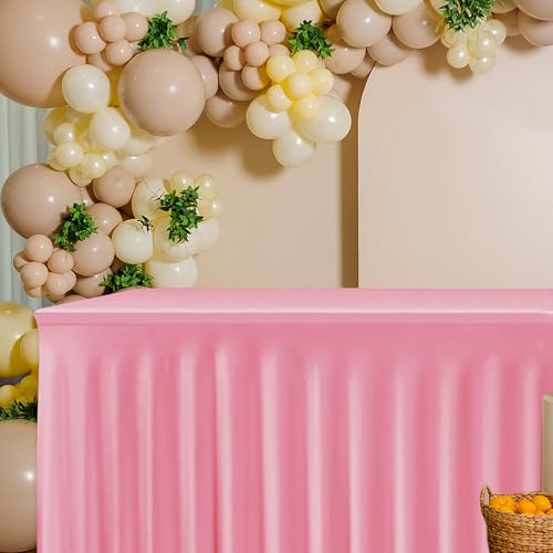 Image of HolidayIdeas Spandex Table Skirts for Rectangle Tables 8 Ft, Fitted Stretch Table Cover 30x96 Inch, Wrinkle-Free Ruffle Design Tablecloths for Banquets,Trade Shows, Parties, Events, 4 Pack, Pink