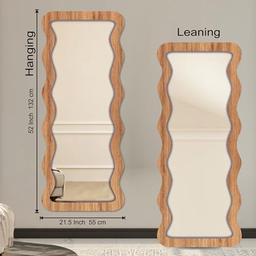 Image of Creative Arts n Frames 22 x 52 inch Full Length Dressing Chevel Long MDF Wood Zigzag Curvy Irregular Shape Framed HD Mirror Home Decor Items (Natural Iqurel Oak Light Zigzag2 Full Length Mirror)