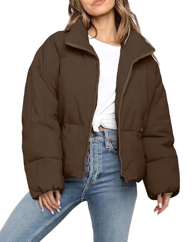Polu Women's Puffer Jackets Oversized Long Sleeve Winter Zipper Coat Warm Quilted Jackets with Pockets(Brown,M)