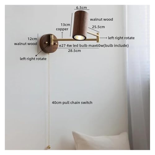 Applique da Parete A LED in Stile Nordico Moderno - Braccio Oscillante in Rame E Legno di Noce, Elegante Complemento D'Arredo per Bagno E Camera da Letto, Lampada D,Pull Chain Switch