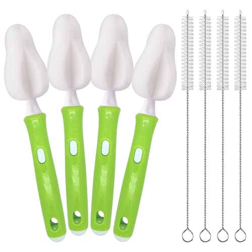 Image of INVODA Nipple Brush 4PCS Sponge Bottle Brushes with 4 PCS Straw Brush Baby Bottle Nipple Cleaner Brush Long Handle Detachable Nipple Brushes (White)