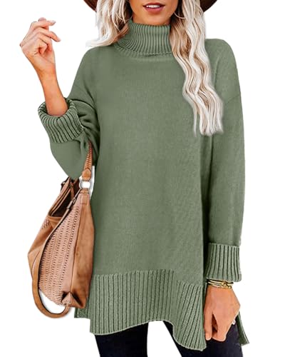 Image of Aokosor Women Jumper Turtle Neck Tops for Ladies Ribbed Sweater Split Tunic Green Size 22-24