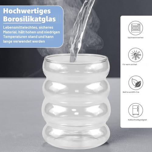 Geriffelte Trinkgläser 4 Stück 350ml mit Glasstrohhalmen – Bild 5