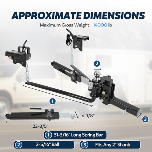 Image of Weight Distribution Hitch with Sway Control Bar, Trailer Towing Hitch Spring Bars Kit, Heavy Duty Weight Distributing Hitches 2-in Shank 2-5 /16-In Ball, Anti Sway for RV Camper, Max Towing 14000lbs