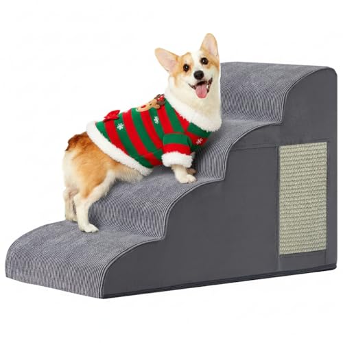 Dog Stairs for Small Dogs, 4-Step Dog Ramp for Bed 19.7' H, Dogs Steps for Bed, Couch, Pet Stairs with Non-Slip Bottom Design, Cat Scratching, High Density Foam Portable Pet Steps, Indoor, Grey