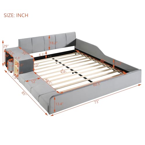 Tdewlye UPHOLSTERED GROUNDED BED Mother & Child Bed Velvet Fabric Upholstered Floor Platform Bed With Bedside Desk And Little Round Stool thumb #1