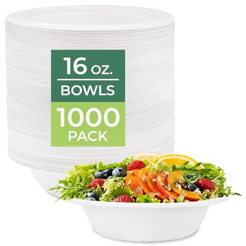 Image of Freshware Paper Bowls - Disposable 16 oz. Soup Bowl, 1000 Pack Biodegradable Sugarcane Fiber Serving Bowls - Heavy Duty Bagasse for Hot Food Plates - Microwave & Freezer Safe, Stackable Dinnerware