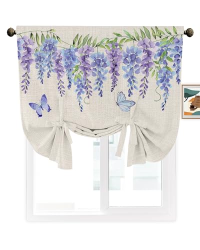 Anzona Tie Up Curtains for Windows, Blue Purple Weeping Floral Adjustable Balloon Linen Textured Curtain, Spring Summer Botanical Butterfly Rustic Window Valance Balloon Blind for Cafe, 42
