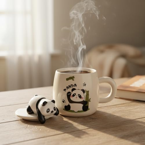 Image of ZAICUS Cute Panda Ceramic Coffee Mug with Lid & Spoon - Tea Cup for Kids & Adults, Milk Mug for Home & Office, Gift for Kids Girls Boys - 450ML