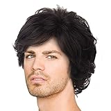 Acecharming Men Black Wig, Short Wavy Shaggy Style Layered Wig for Halloween Costumes Cosplay with Wig Cap