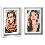 Epecfan Double Hinged 5x7 Picture Frame with Real Glass in WhiteGrey- Display 4x6 with Mat or 5x7 without Mat, Foldable Photo Frame for Tabletop, Nice Gift for Family & Wedding Memories(PS006-GYX7)