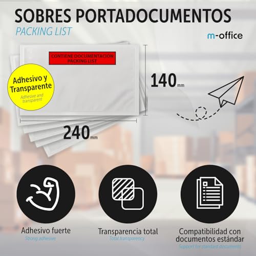 Selbstklebende Dokumententaschen 240x140mm, Packing List, Transparente Lieferscheintaschen für Sendungen, Rechnungen, Lieferscheine, Wasserfest mit starker Haftung – m-office (50 Stück+Klebeband)