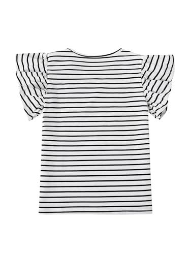 Image of Girls Striped Shirt Flutter Sleeve Top Crewneck Cute Summer T Shirts Casual Tees Black White B 7-8 Years