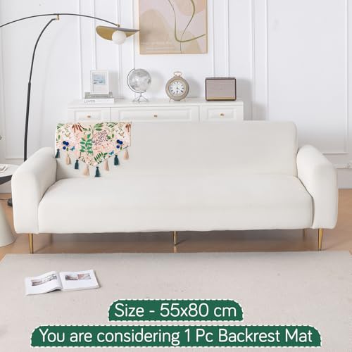 Image of HOKIPO Premium Sofa Backrest Cover Mat | Printed Holland Velvet with Tassels | 'Whispers of Nature' Beige Woodland Bloom (IN-1116-D4)