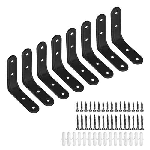 Joyangy 8pcs 3 Inch Heavy Duty L Brackets - 90 Degree Wall Mount Right Angle Corner Braces for Shelves Wood Cabinets - Black Powder Coated Steel Shelf Supports with Mounting Screws Included