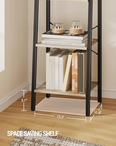 Image of Hzuaneri 4-Tier Ladder Shelf, Narrow Bookshelf, Corner Storage Shelves, Freestanding Bookcase with 2 Hooks for Home Office, Living Room, Kitchen, Bedroom, Industrial, Greige and Black BC13205B
