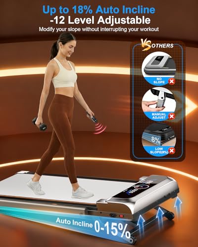 Image of Walking Pad with 15% 12-Level Auto Incline & Handle Bar, 450 lbs Capacity UI Screen, Trisomy 3.5HP Quiet Under Desk Treadmill, Speaker, APP & Remote Control, Treadmills for Home Hiking