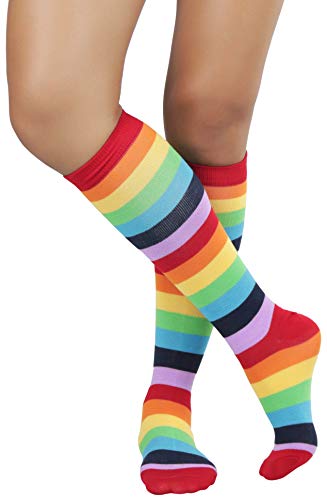 Image of ToBeInStyle Women's Bright Vibrant Rainbow Striped Thigh High Rave Stockings