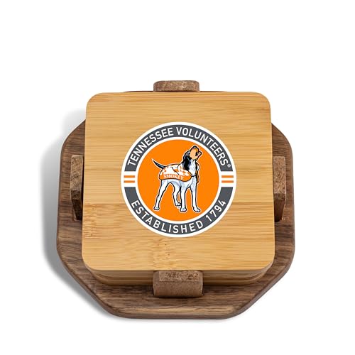 The Memory Company Officially Licensed 4-Pack Wood Inlay Coaster Set with Holder, University of Tennessee