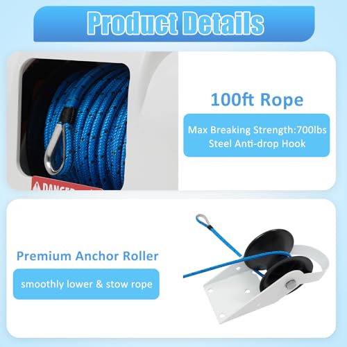 Eleeferri Electric Boat Anchor Winch Kit 12V Saltwater Marine Anchor Windlass System with 100ft Anchor Rope Remote Control Heavy Duty Towing Winches for 24ft Fishing Boat Pontoon Boat (White, 45 LBS) - Thumbnail 6