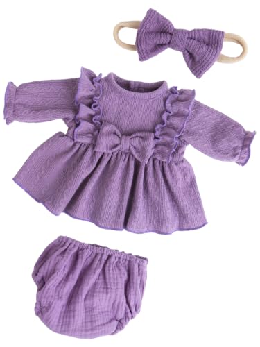 EKOKIZ Reborn Baby Doll Clothes 3-Piece Set - Purple Long-Sleeve Top, Puff Shorts & Headband for 17-20 Inch Dolls, Soft Stretchy Outfit for Pretend Play, Photography & Gift Giving