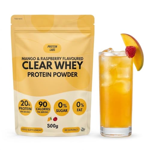 Protein Labs Clear Whey Protein Powder Light & Refreshing Protein Water 20g Protein Per Serving 0% Sugar & Fat Low Calorie (90 kcal) Strawberry Flavour 20 Servings (500g) (Mango & Raspberry)