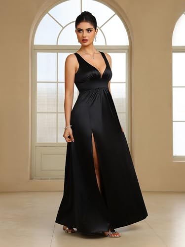 BABYONLINE D.R.E.S.S. Women's Formal Dresses Deep V-Neck Side Slit Sleeveless Floor Length Wedding Guest Dress 30074
