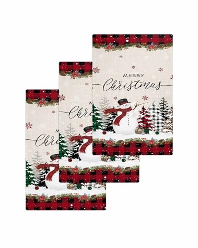 Hokiten Christmas Waffle Kitchen Towels Dishcloths, Rustic Red Plaid Tree Xmas Snowman Absorbent Dish Towels | Hand Towels for Bathroom/Bar, 16 x 24 Inch, 3 Pcs
