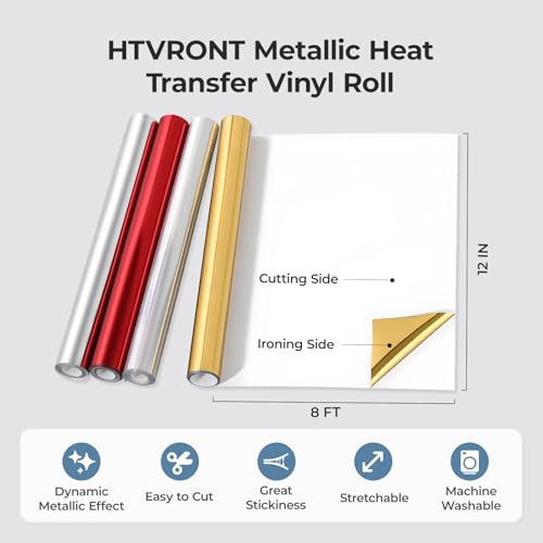 Image of HTVRONT Metallic Silver Heat Transfer Vinyl - 12in x 8ft Iron on Vinyl, Easy to Weed & Transfer Metallic HTV Vinyl - Silver Foil HTV for T-Shirts Compatible with Cricut Cutting Machine