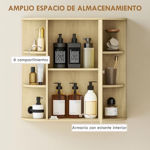 Miniatura 4 de Homcom Armario De Baño Con Espejo, Armario De Pared Con Puerta, Estantes Abiertos, Mueble De Baño Colgar Para Cocina, Salón, 66x17x63 Cm, Natural