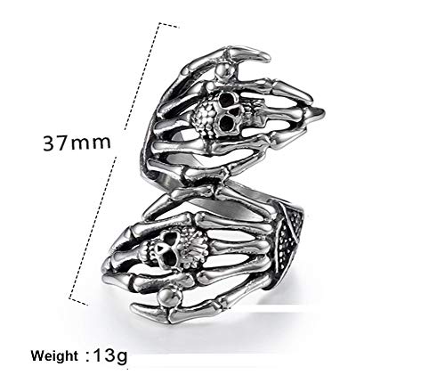 HIJONES Unisex Stainless Steel Gothic Punk Double Skull Skeleton Claws Ring Silver4