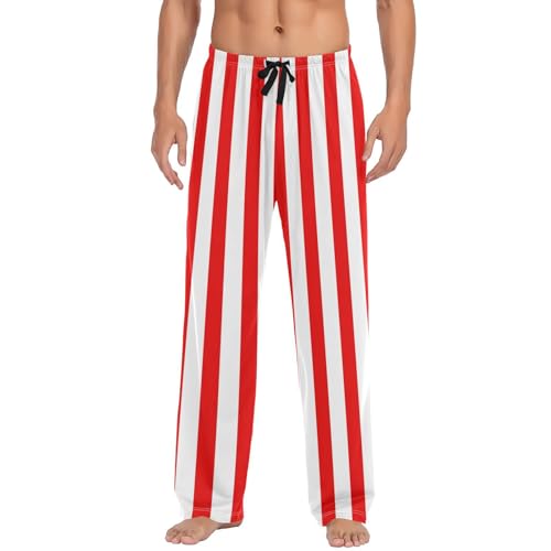 Red White Stripes Men's Pajama Pants Soft Lounge Sleep Pants, PJ Bottoms with Pockets