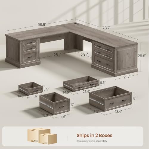 Image of SEDETA Farmhouse 78.8 inch L Shaped Desk with 6 Drawers, Home Office Desk with Power Outlet, File Cabinet Storage, Wood Corner Computer Desk for Work and Study, Gray