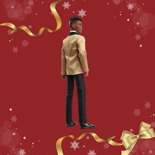 Barbie Signature 2025 Holiday Dark Brown Hair Ken Collectible Fashion Doll Wearing Full Suit with Golden Jacket in Displayable Packaging & Doll Stand - image 5