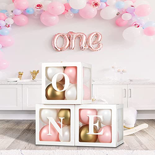 Image of Sooyee First Birthday Decorations For Boy Or Girl, 3 Pcs ONE Balloon Boxes For 1st Birthday, Baby Clear Blocks Party Decor With ONE Letters For Photoshoot Props, Cake Smash Backdrop