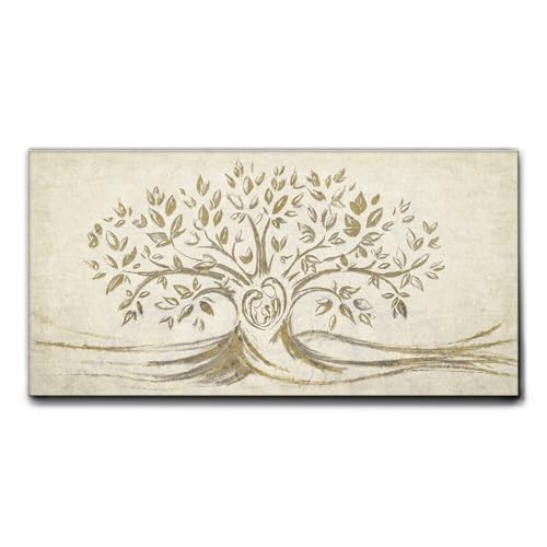 Giallobus - Quadro - 01 - Capezzale Moderno - Sacra Famiglia e Albero della Vita - Beige - Tela Canvas Telaio Standard - 140x70 - Pronto da Appendere - Quadri Moderni per la casa
