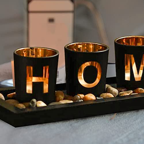 MrMrKura Home Decorative Candle Holder Set, 4 Glass Tea Light Candleholders with Wooden Candle Holders Tray, Natural Pebbles for Home Decor Table Decorations Centerpiece - Image 5