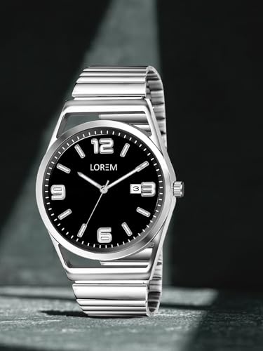 Image of LOREM Men's Stainless Steel Watch, Black Round Dial, Silver Band, Date Display, Quartz Movement