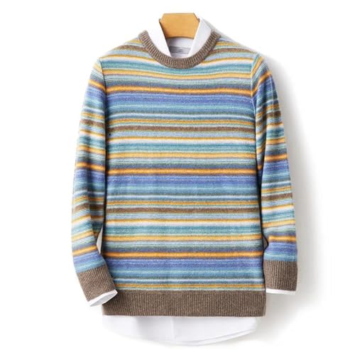 Men's 100Percent Merino Wool Pullover Sweater Retro Color Stripe O-Neck Knitwear Thick Long Sleeve Cashmere Jumper2