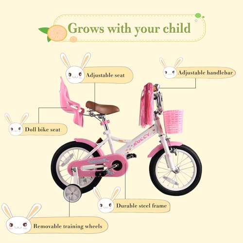 Image of RULLY Kids Bike 12 14 16 inch for 2-7 Years Girls with Training Wheels & Front Handbrake, Kids Bicycle with Basket Bike Streamers Toddler Cycle Bikes