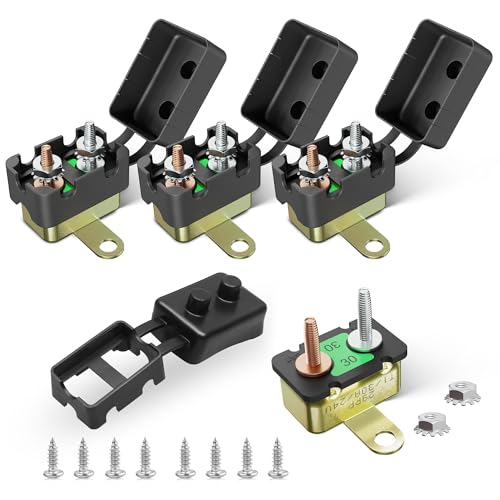 RED WOLF (30A 4PCS) DC 6V-50V Automatic Reset Circuit Breaker #10-32 Studs with Metal Fuse Housing Pre-Trimmed Cover Reusable for Trolling Motor Marine ATV Boat RV Automotive Battery Solar System
