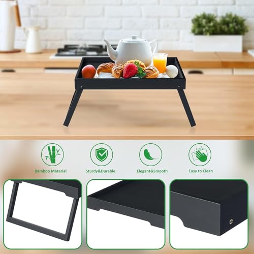 Betttablett aus Bambus mit Klappfüßen, Frühstückstablett im Bett, Serviertablett für die Küche, Serviertablett, Essenstablet, Sofa, Snack (schwarz)
