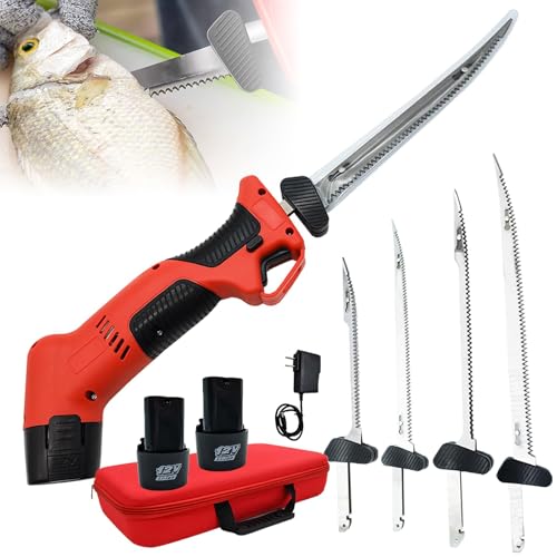 Couteau à Filet électrique sans Fil, Couteau à Filet de Poisson Rechargeable avec 4 Lames antiadhésives à revêtement Ti-Nitride S.S. et 2 Piles, Vitesse Variable en continu, Verrouillage