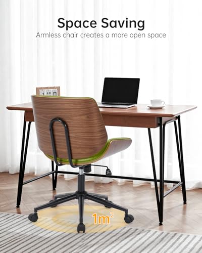 Image of Mid-Century Modern Home Office Chair,Accent Ergonomic Desk Chair with Walnut Finish&PU Leather,Armless Executive Computer Chair with 360 Swivel Rolling Wheels for Vanity, Bedroom&Workspace (Green)