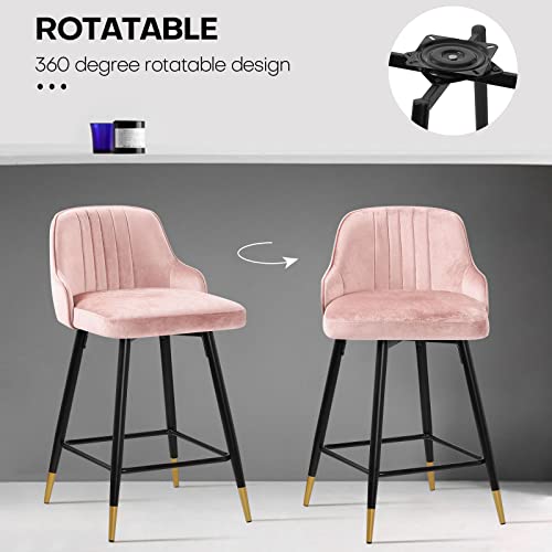 Bekrvio Bar Stools Set Of 2, 25.6" Seat Height Bar Chairs 360° Swivel Barstools Counter Height Bar Stools With Back, Modern Velvet Upholstered Island Stools For Kitchen Counter Height 35"-38", Pink #TOP4