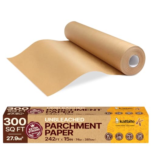Katbite Unbleached Parchment Paper Roll, 15in x 242ft, 300 Sq.Ft, Non-Stick with Serrated Cutter for Baking, Cooking, Air Fryer