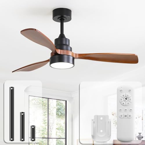Ventilatore a soffitto con luce 2 in 1: il ventilatore a soffitto in legno massello ha tre aste discendenti (12,5 cm/25 cm/50 cm) e può essere selezionato per una selezione flessibile di inclinazione fino a 15 gradi della casa e delle esigenze di utilizzo effettive. Questo moderno ventilatore a soffitto dispone di tre lame in legno massiccio extra spessore con consistenza chiara e bellissimo design, che lo rende resistente e durevole.